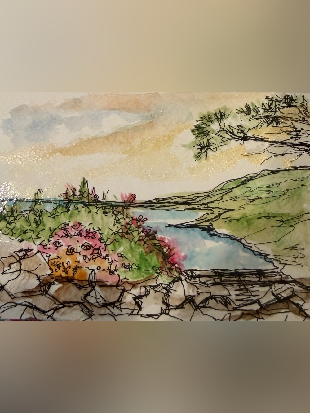 French riviera Hand-Painted Coastal Landscape Wall Art - Pink & Green